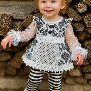 Girls Black & White Lace Outfit | 3-Piece Lace Top, Tunic Tank & Striped Pants |